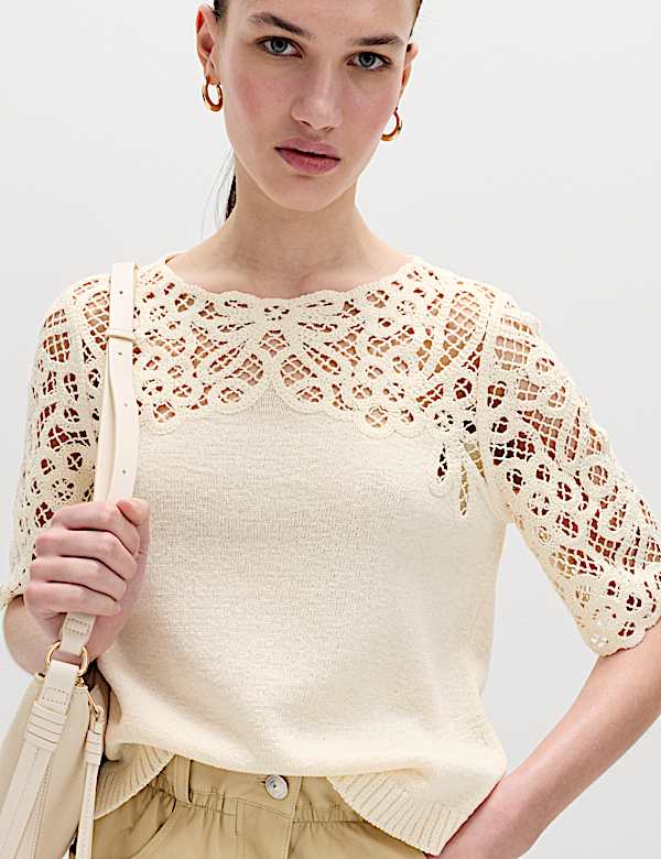 Lace Detail Knitted Top With Cotton | VANILLA | Tops | M&S JP