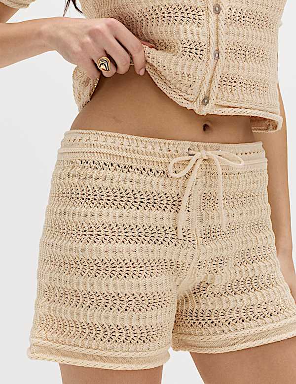 Cotton Blend Tie Front Knitted Shorts - CA