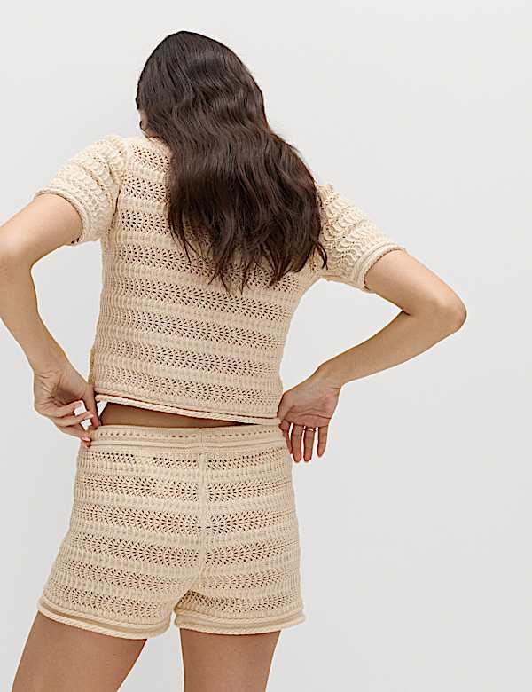 Cotton Blend Tie Front Knitted Shorts - CA