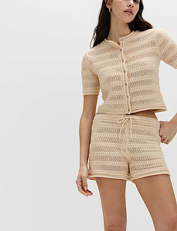 Cotton Blend Tie Front Knitted Shorts - CA