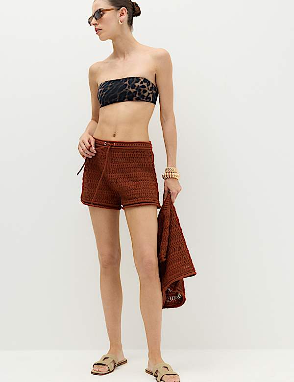 Cotton Blend Tie Front Knitted Shorts - NZ