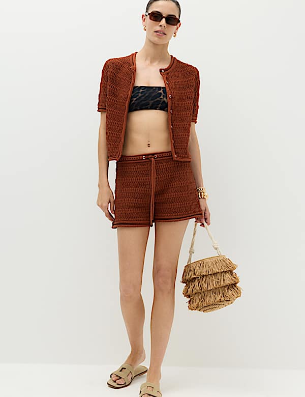 Cotton Blend Tie Front Knitted Shorts - NZ