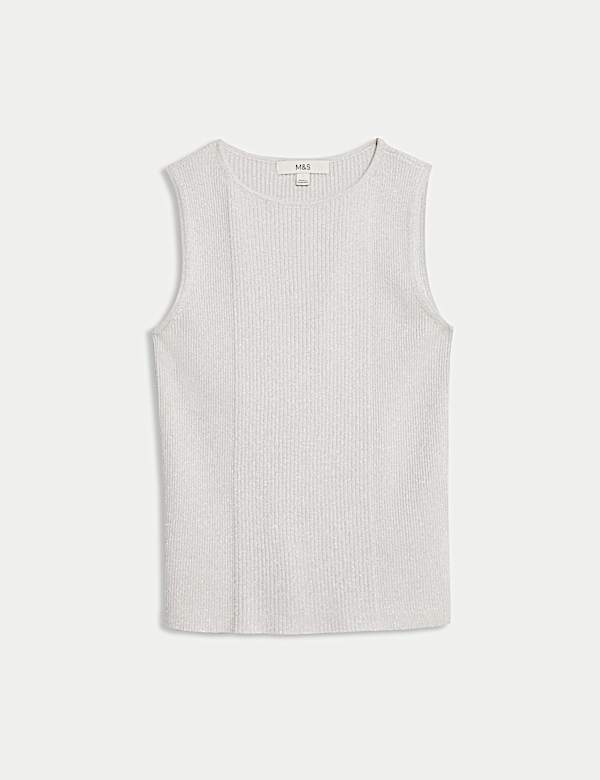 Metallic Ribbed Crew Neck Cropped Vest Top - US