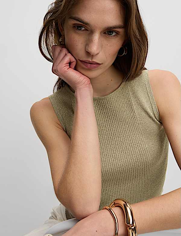 Top coupe courte à col rond, métallisé et motif côtelé - FR