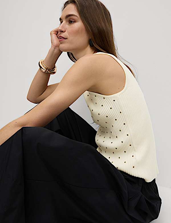 Maillot de corps en maille c&ocirc;tel&eacute;e &agrave; col rond avec d&eacute;coration - FR