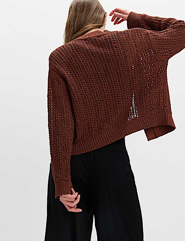 Cotton Blend Open Stitch Relaxed Cropped Cardigan - BE