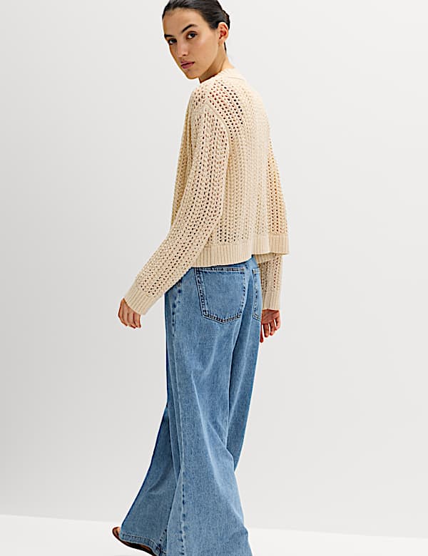 Cotton Blend Open Stitch Relaxed Cropped Cardigan - DK