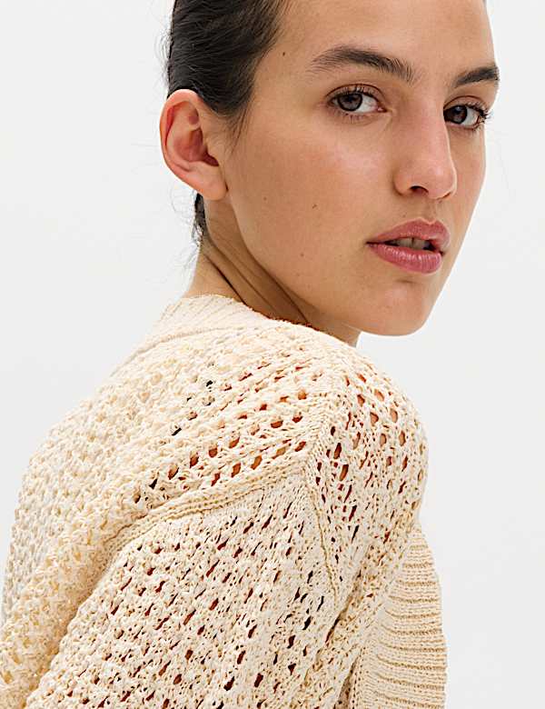 Cotton Blend Open Stitch Relaxed Cropped Cardigan - DK