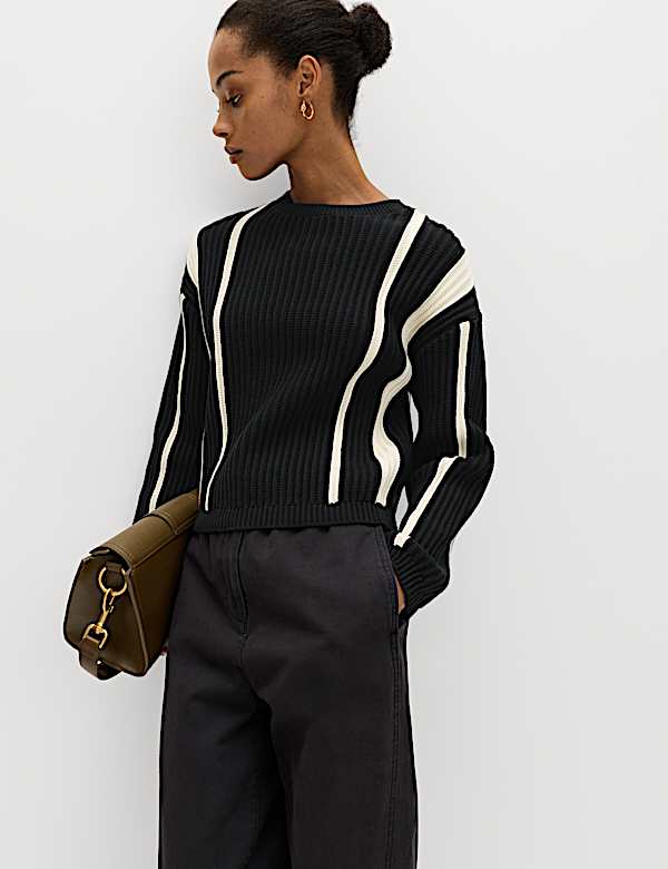 Cotton Rich Striped Ribbed Relaxed Jumper - BE
