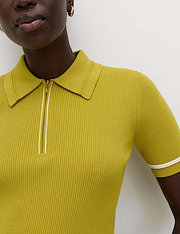 Collared Half Zip Fitted Knitted Top - HU