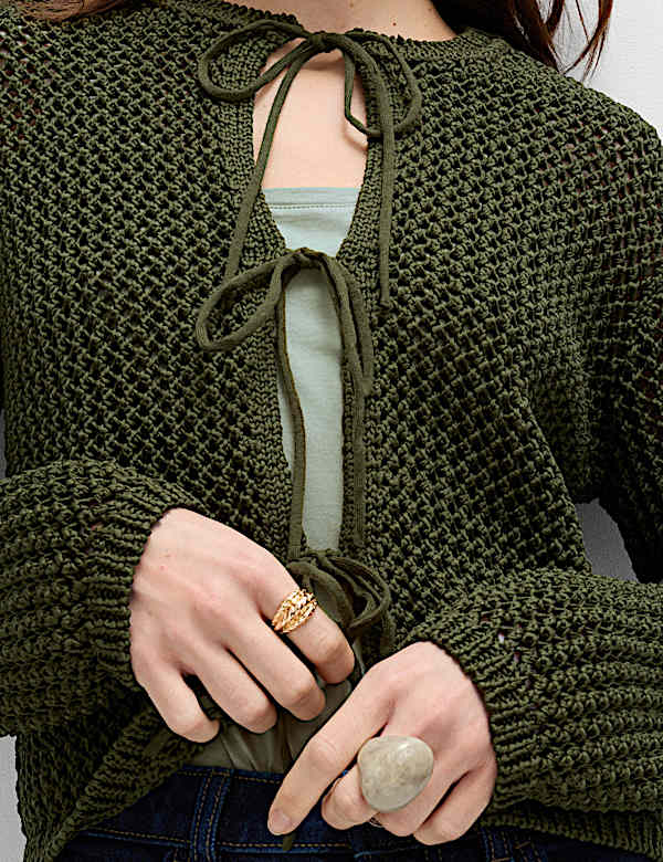 Textured Tie Front Slim Fit Cropped Cardigan - CN