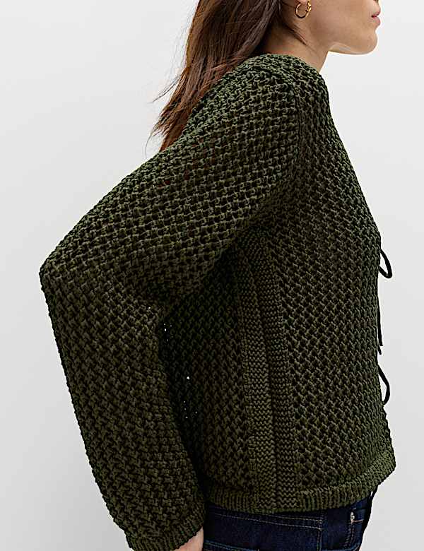 Textured Tie Front Slim Fit Cropped Cardigan - CN