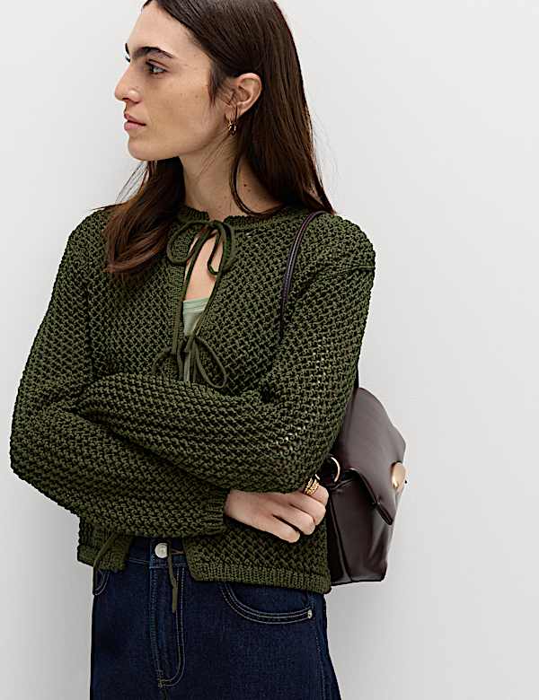 Textured Tie Front Slim Fit Cropped Cardigan - CN