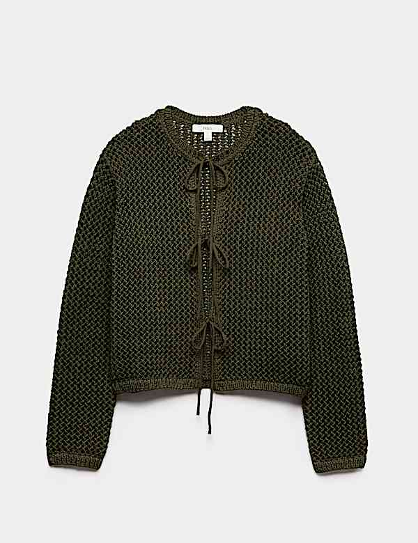 Textured Tie Front Slim Fit Cropped Cardigan - CN