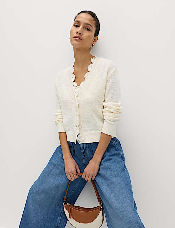 Cardigan en coton m&eacute;lang&eacute; &agrave; col en V et bordure en dentelle - CH