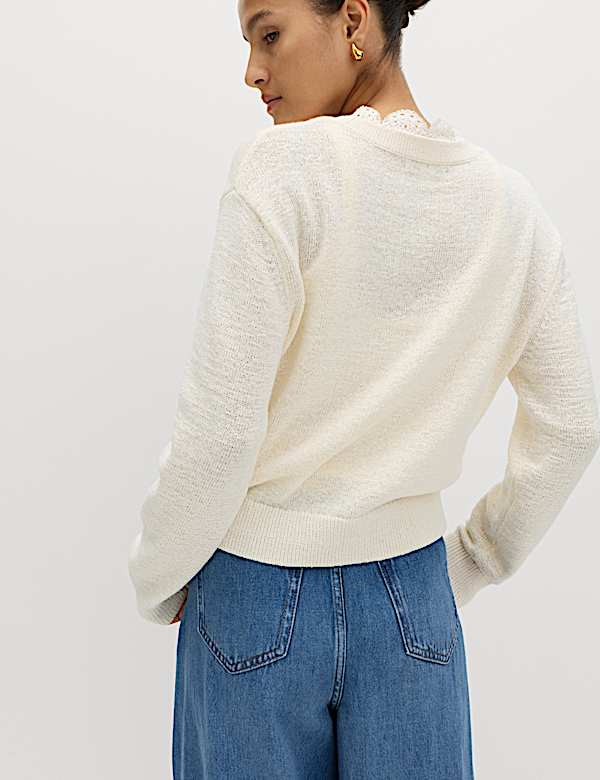 Cardigan en coton m&eacute;lang&eacute; &agrave; col en V et bordure en dentelle - CH