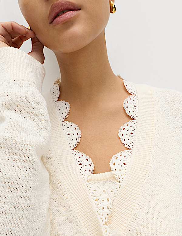 Cardigan en coton m&eacute;lang&eacute; &agrave; col en V et bordure en dentelle - CH