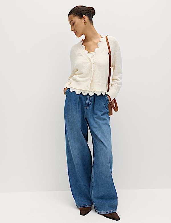 Cardigan en coton m&eacute;lang&eacute; &agrave; col en V et bordure en dentelle - CH