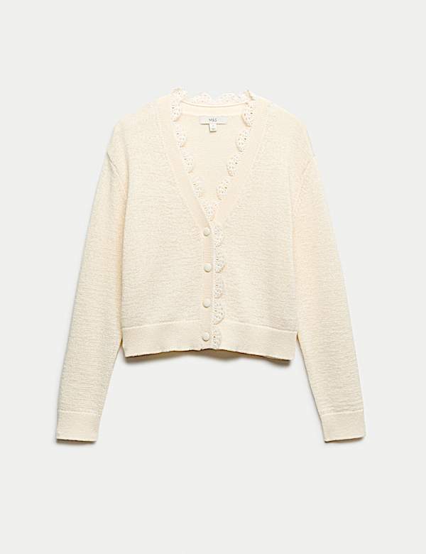 Cardigan en coton m&eacute;lang&eacute; &agrave; col en V et bordure en dentelle - CH