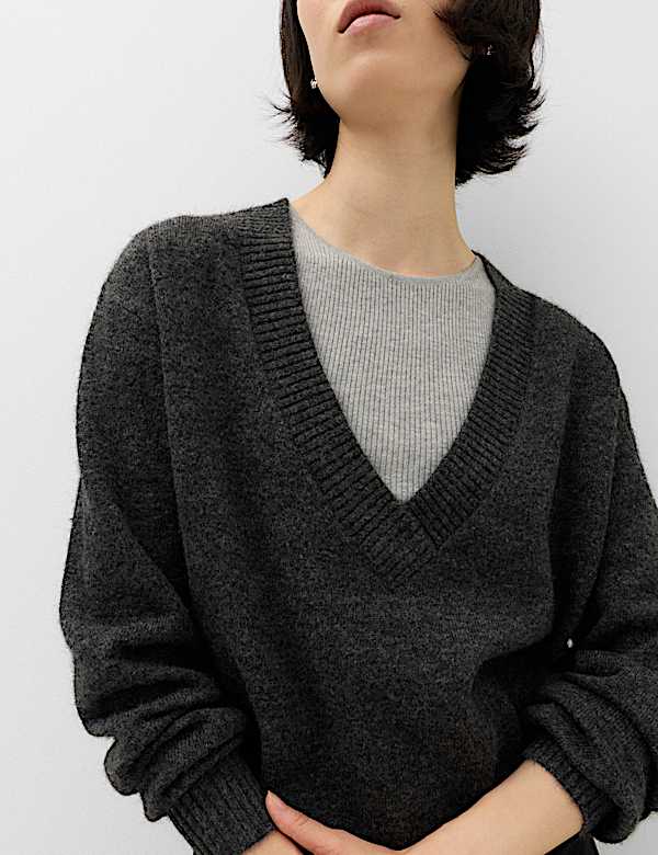 Ribbed V-Neck Double Layer Jumper with Wool - LV