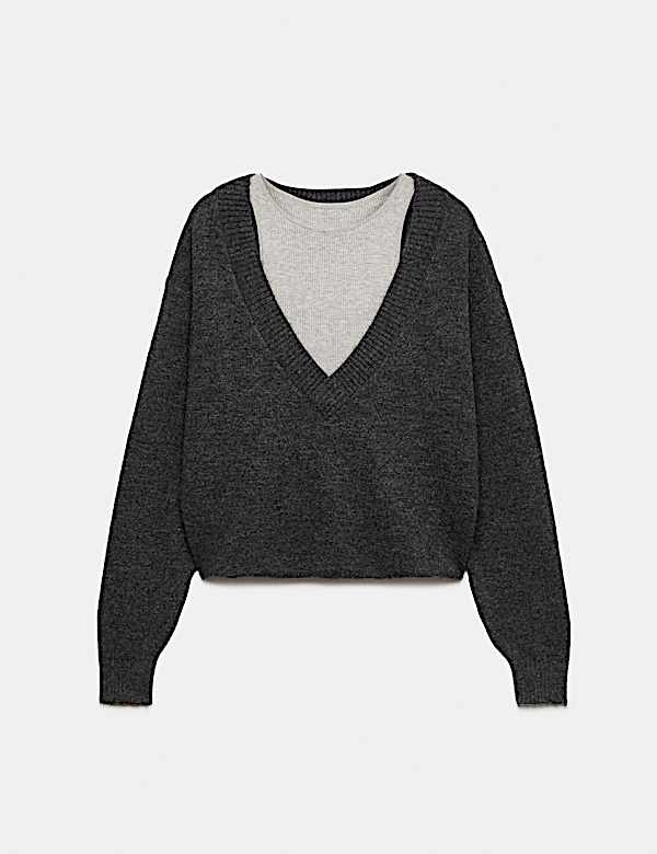 Ribbed V-Neck Double Layer Jumper with Wool - LV