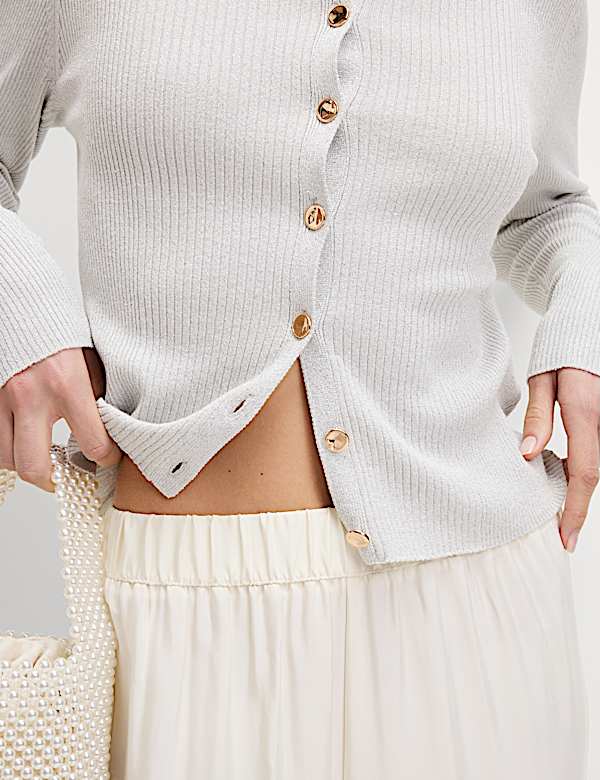 Cardigan m&eacute;tallis&eacute; &agrave; col rond, coupe cintr&eacute;e - BE