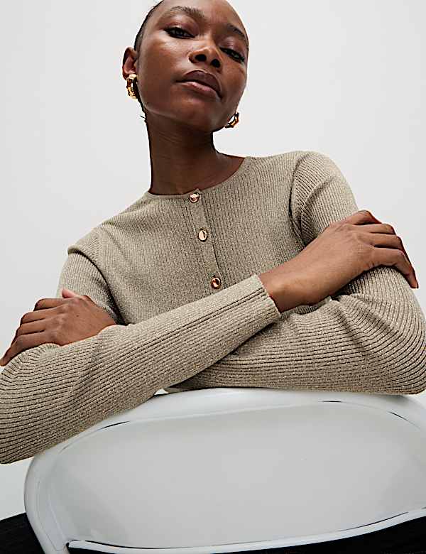 Metallic Crew Neck Slim Fit Cardigan - RO