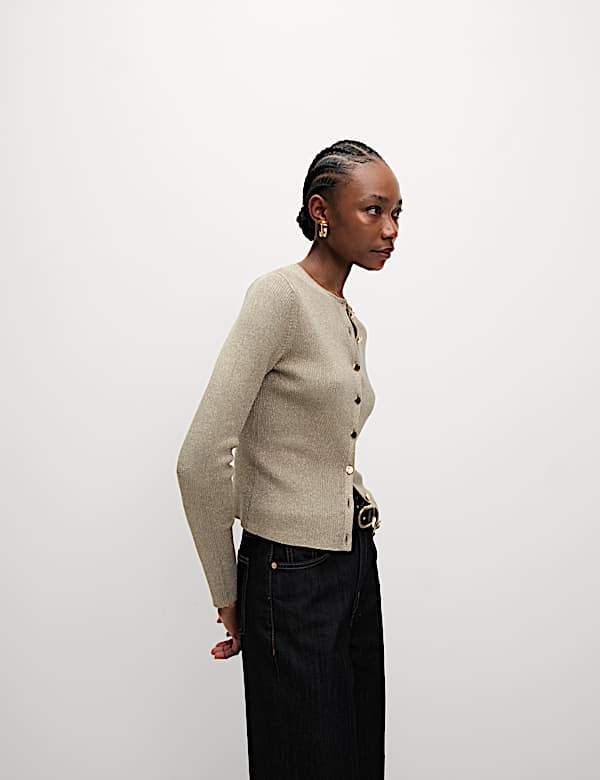 Metallic Crew Neck Slim Fit Cardigan - RO