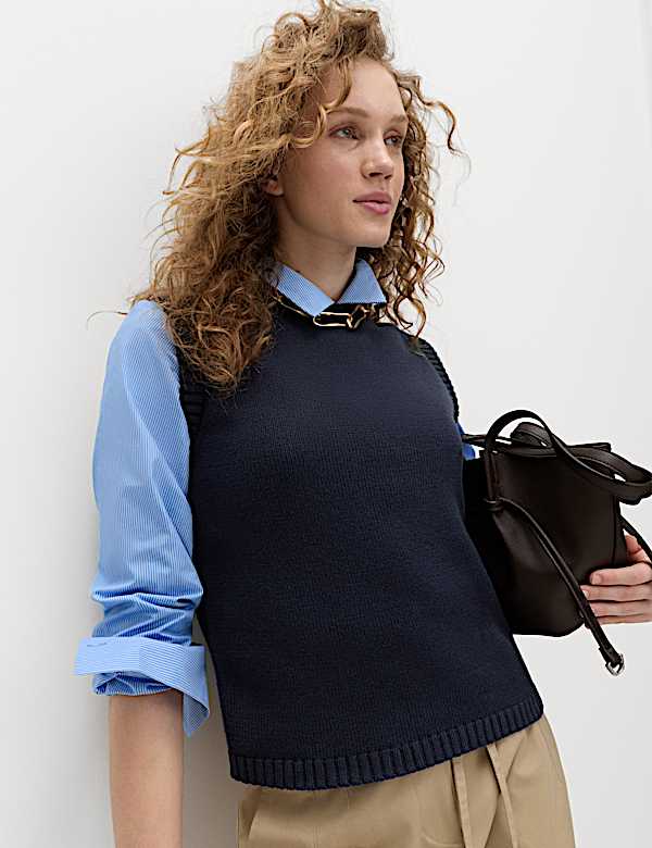 Cotton Rich Slim Fit Knitted Vest | MIDNIGHT NAVY | Vests | M&S JE