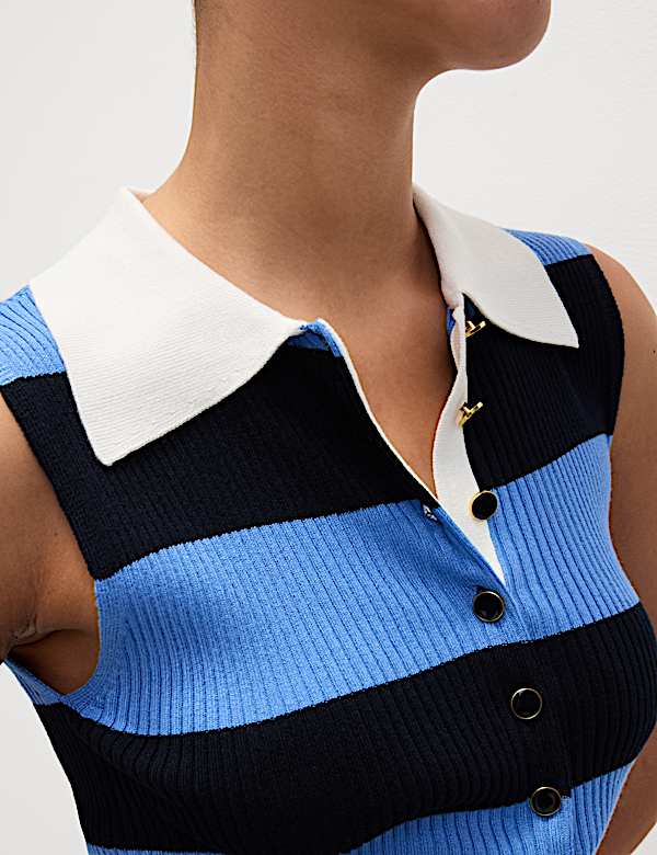 Striped Collared Knitted Vest - RO