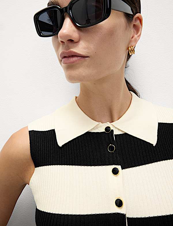 Striped Collared Knitted Vest - NO