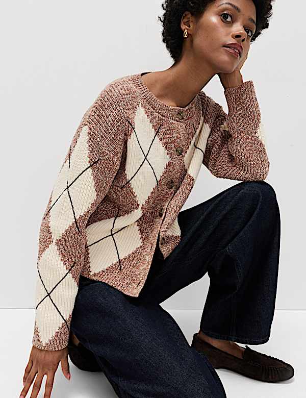 Cotton Rich Argyle Crew Neck Cardigan - DK