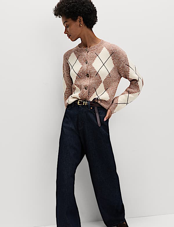 Cotton Rich Argyle Crew Neck Cardigan - DK