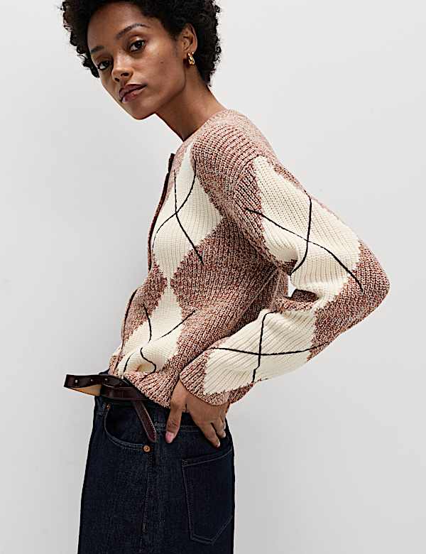 Cotton Rich Argyle Crew Neck Cardigan - DK