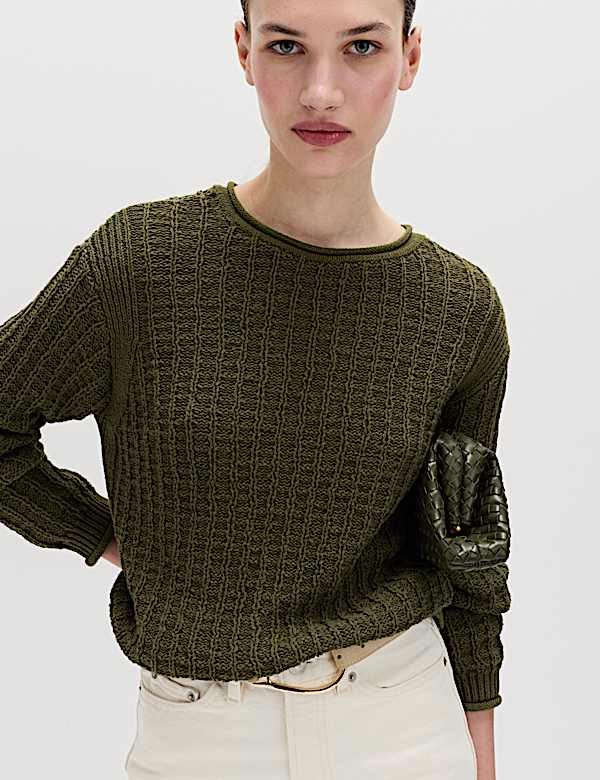 Cotton Rich Textured Crew Neck Jumper - NZ
