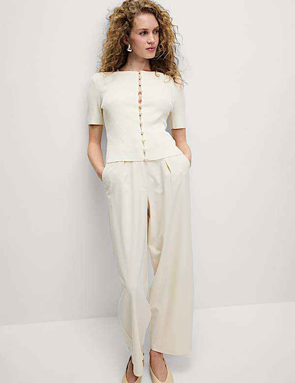 Textured Crew Neck Pearl Look Button Cropped Knitted Top - NO