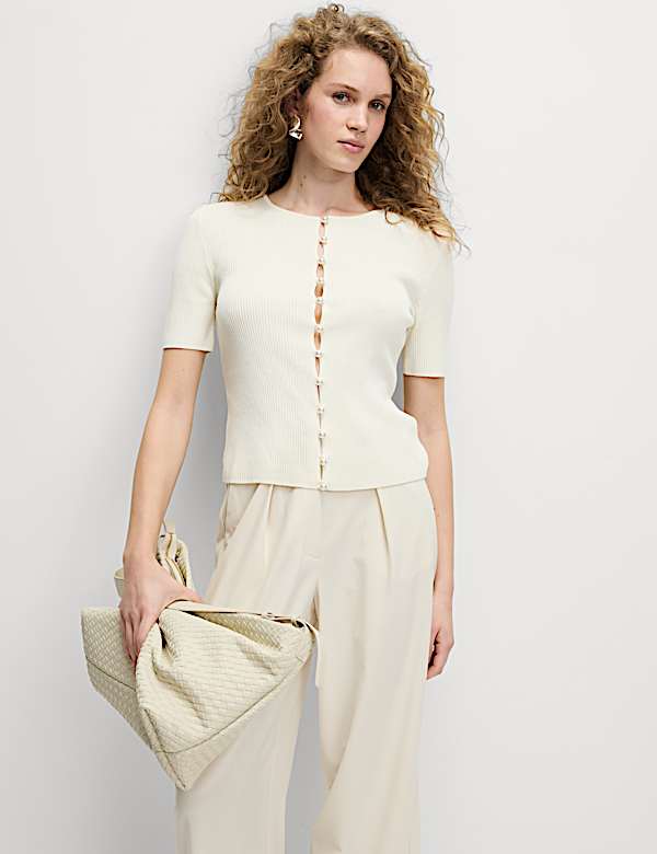 Textured Crew Neck Pearl Look Button Cropped Knitted Top - NO