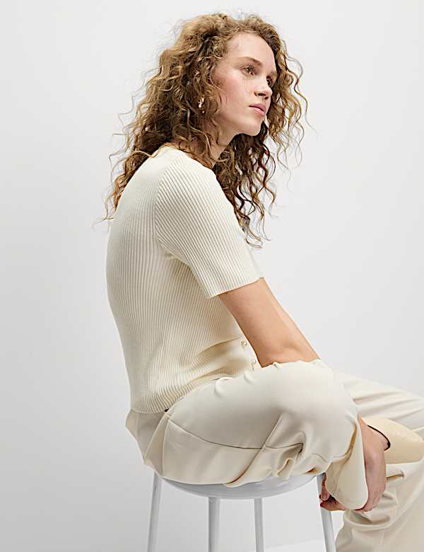 Textured Crew Neck Pearl Look Button Cropped Knitted Top - NO