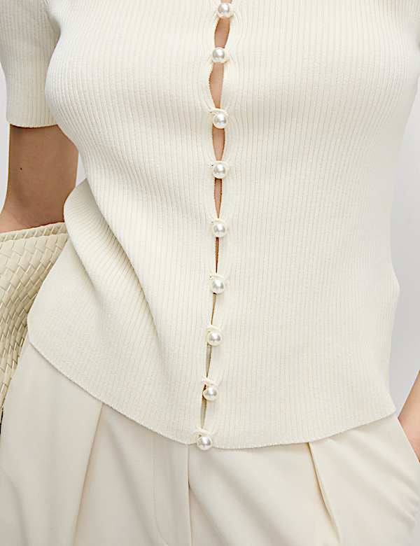 Textured Crew Neck Pearl Look Button Cropped Knitted Top - NO