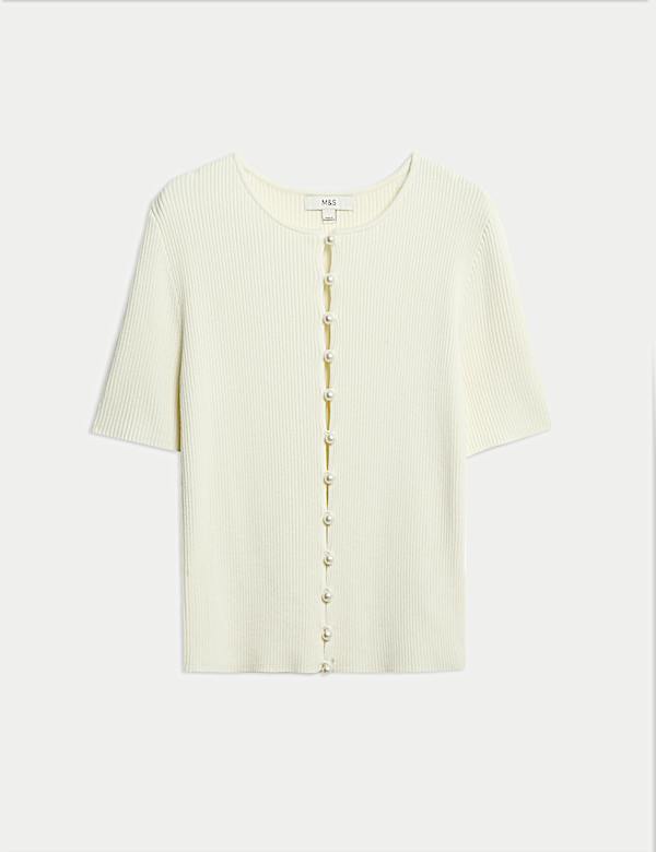 Textured Crew Neck Pearl Look Button Cropped Knitted Top - NO