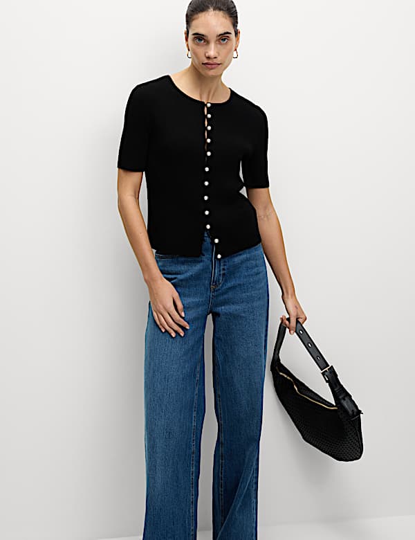 Textured Crew Neck Pearl Look Button Cropped Knitted Top - GR