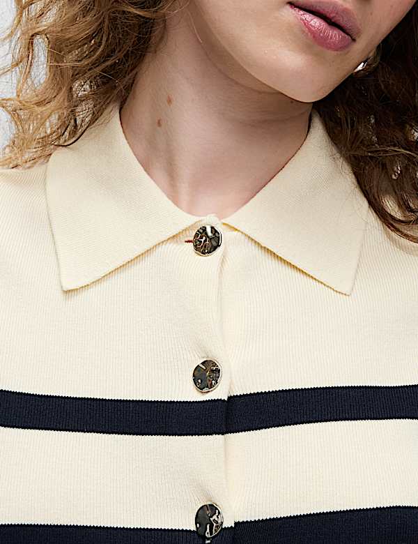 Striped Knitted Collared Button Front Cardigan - DE