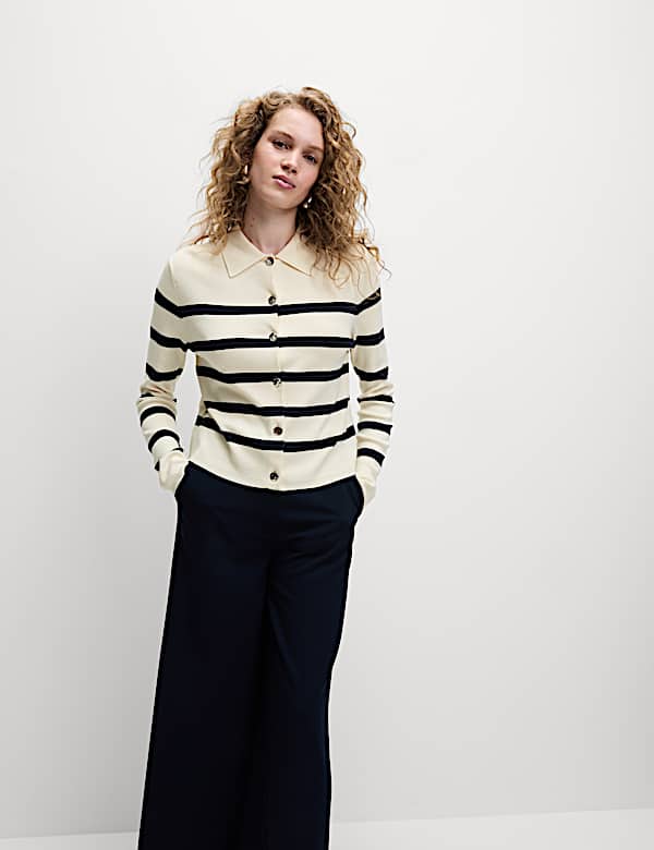 Striped Knitted Collared Button Front Cardigan - DE
