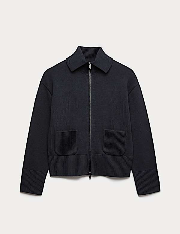Cotton Rich Pocket Detail Collared Knitted Jacket - GR