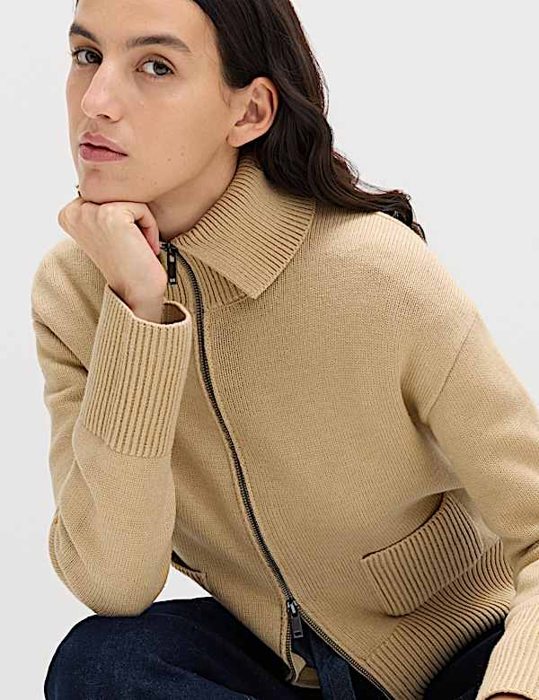 Cotton Rich Pocket Detail Collared Knitted Jacket | SANDSTONE