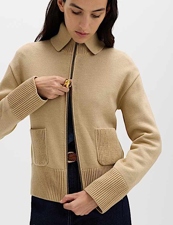 ז'קט סרוג מבד עשיר בכותנה עם כיסים וצווארון - IL