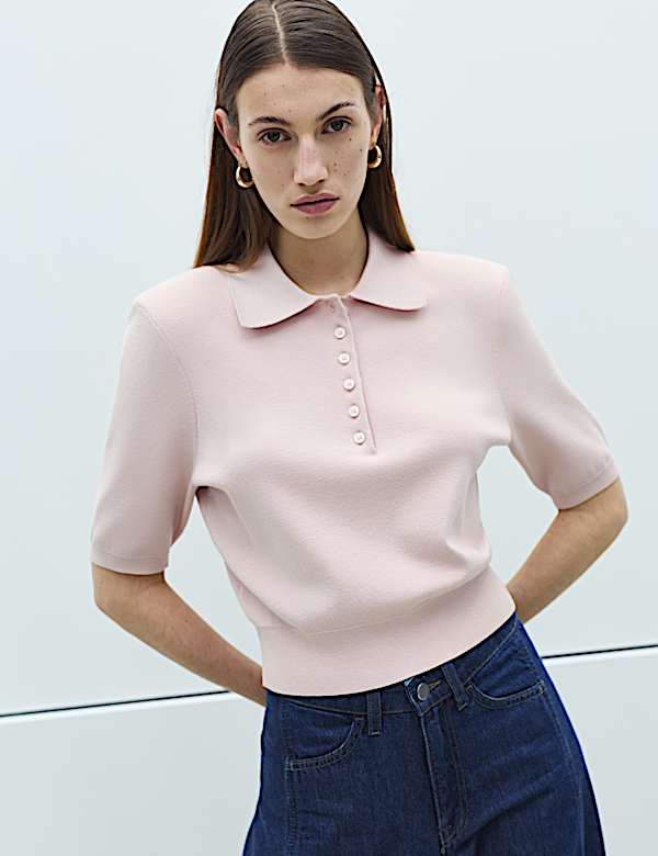 Collared Slim Fit Cropped Knitted Top - JE