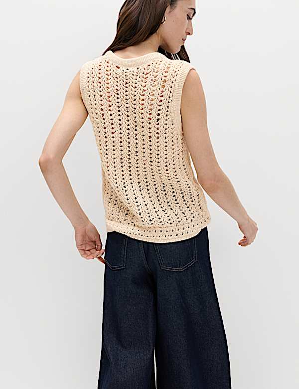 Cotton Rich Crochet-Style Scoop Neck Knitted Vest - MV