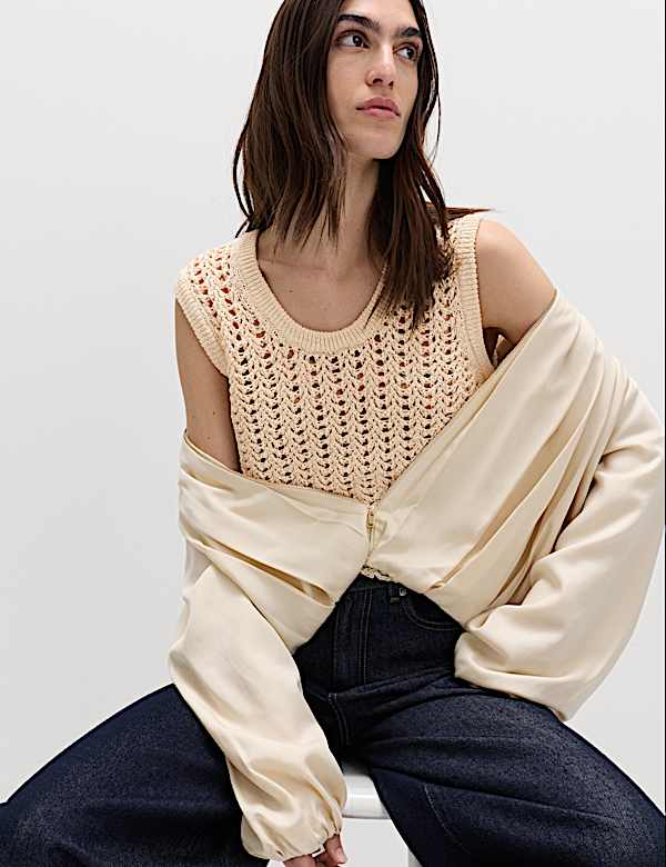 Cotton Rich Crochet-Style Scoop Neck Knitted Vest - MV