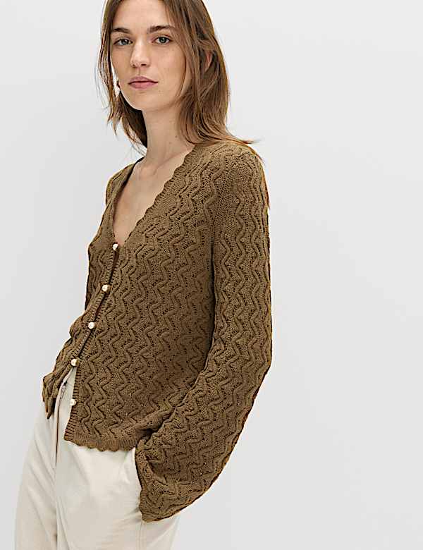 Cotton Rich Pearl Detail Scallop Edge Cardigan